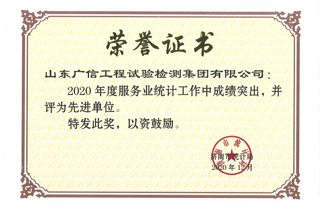集团公司荣获济南市“2020年度服务业统计工作先进单位”荣誉称号